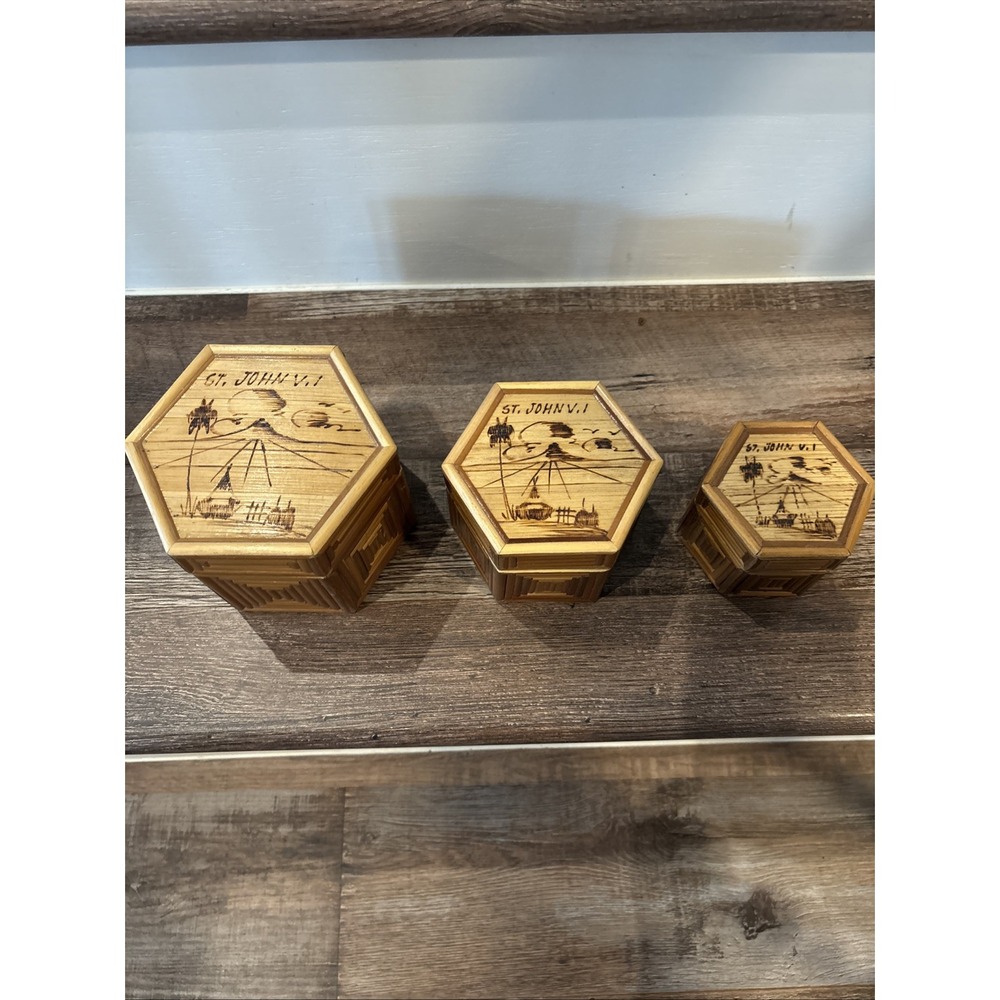 3 Octagon Nesting Bamboo Trinket Boxes Hawaiian Design